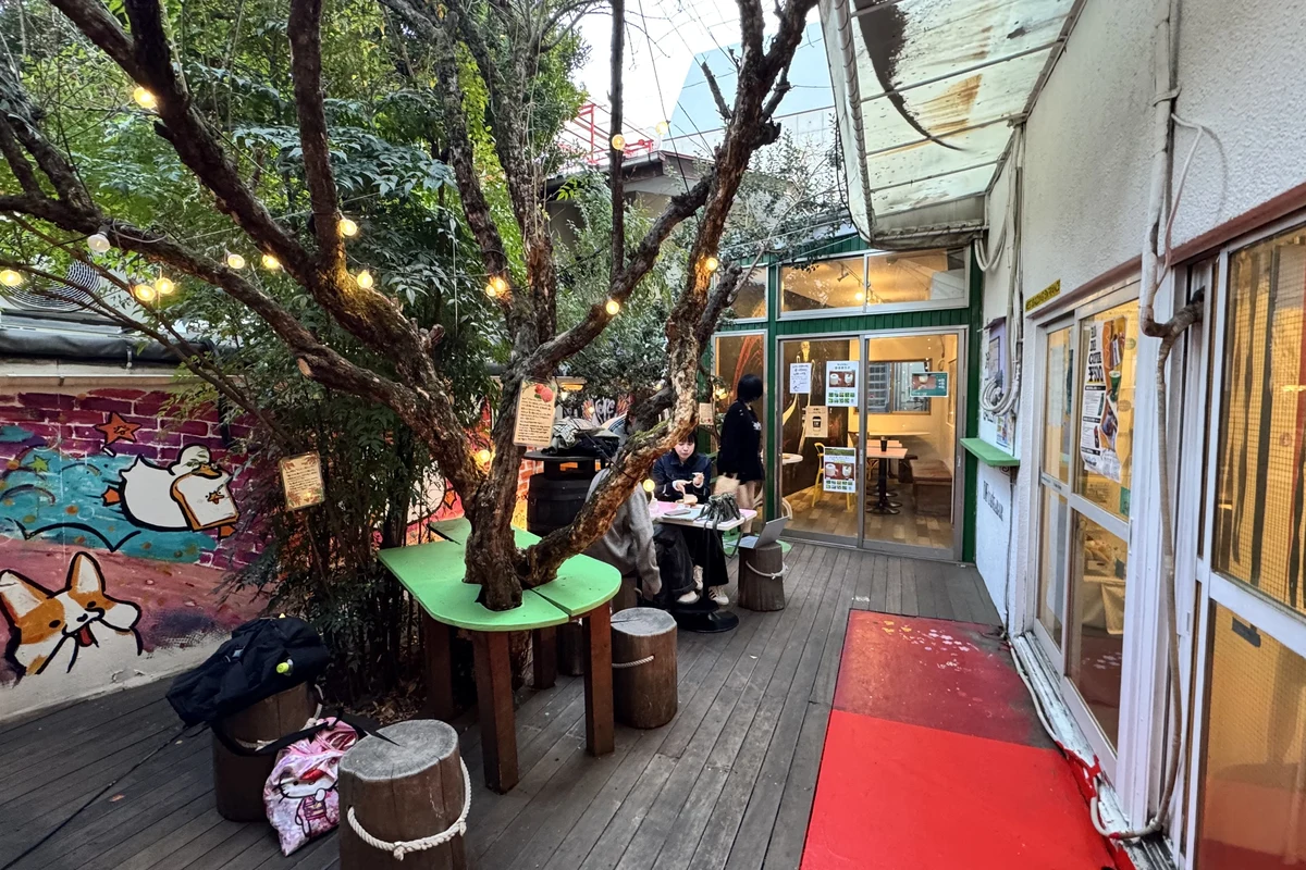 デザインフェスタカフェ＆バーのウッドデッキテラス。大きな木と電球ライトが雰囲気を作る