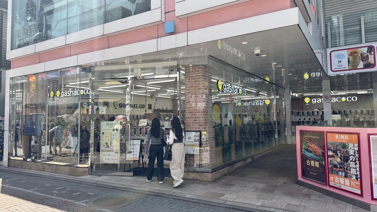 gashacoco CUTE CUBE 原宿 外観。竹下通り沿いのガラス張り店舗