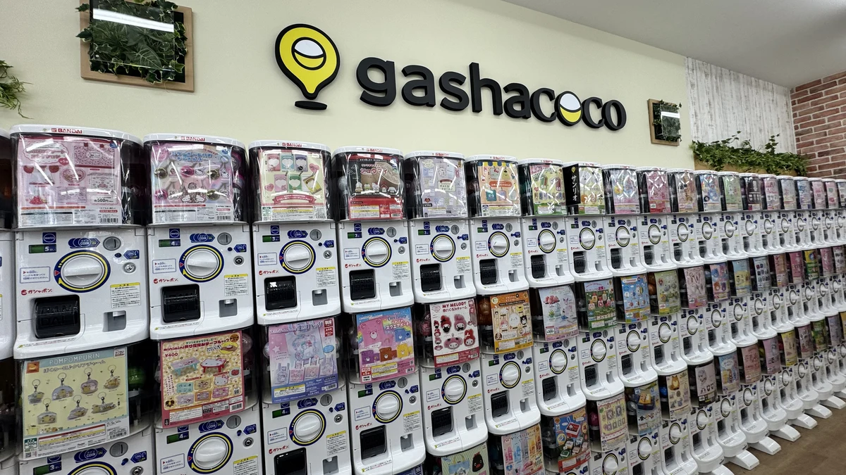 gashacoco 原宿 サンリオキャラのガチャが壁一面に並ぶコーナー