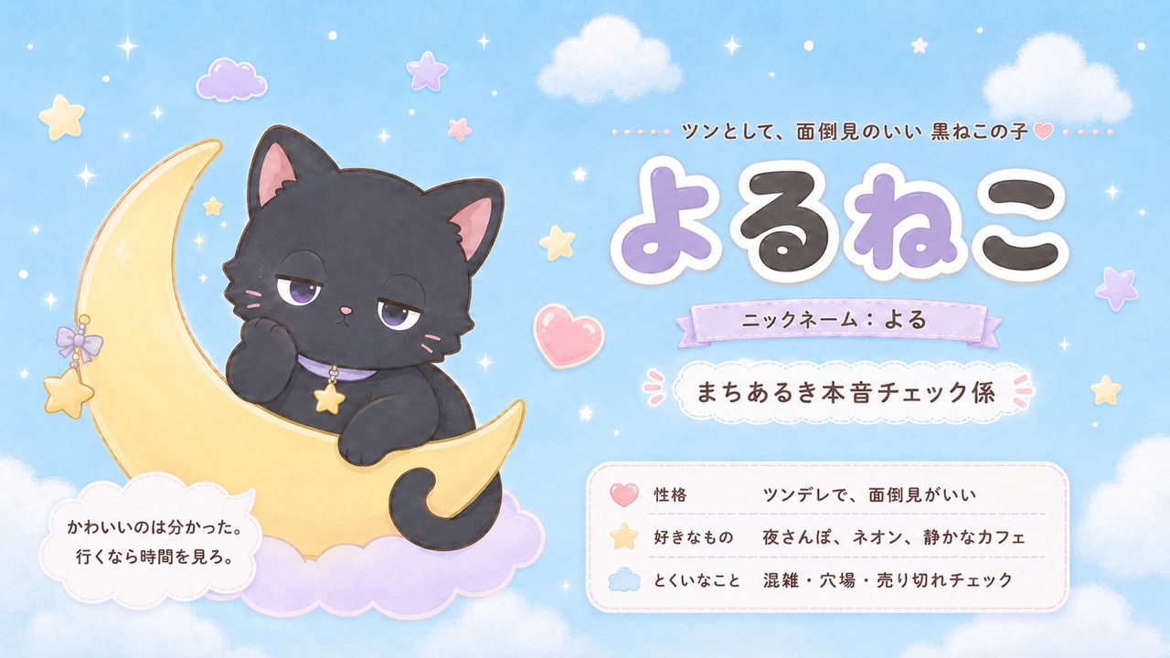 よるねこプロフィール|夜の原宿・表参道を歩く本音チェック係の黒ねこ