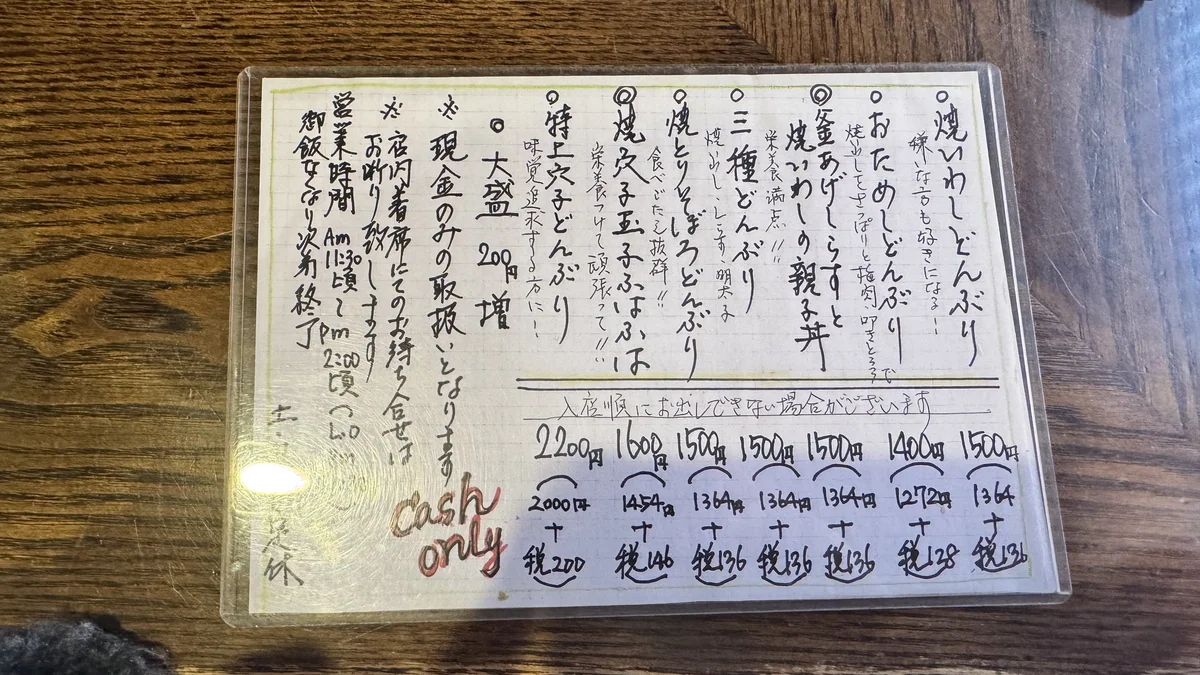 會水庵の店内メニュー表。焼穴子玉子ふはふはや特上穴子どんぶりなど価格入りの手書きメニュー