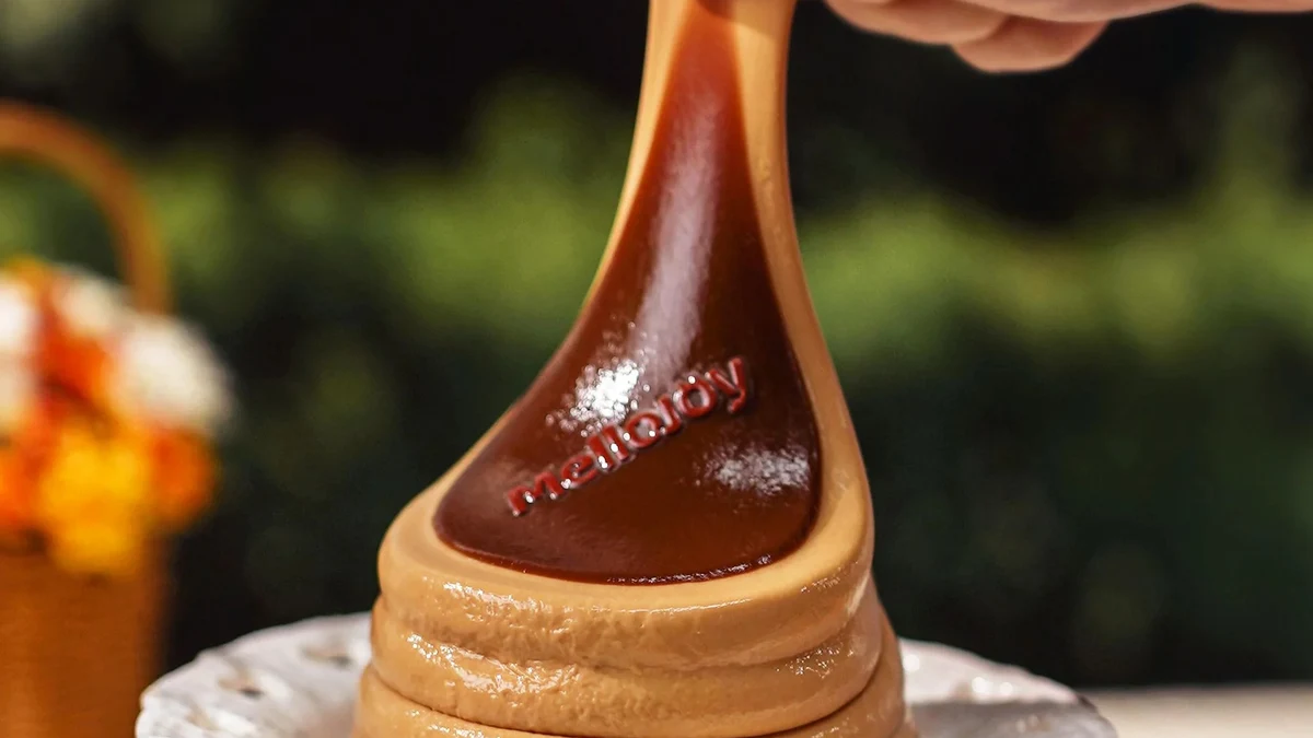 メロジョイ チョコレートスフレ 上部を指でつまんで引っ張っているシーン 伸びる様子