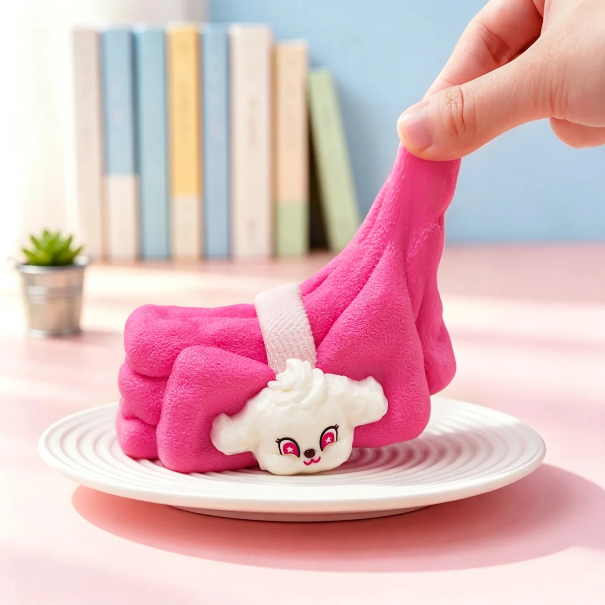ピンクタオルロール 両手でスクイーズしているシーン